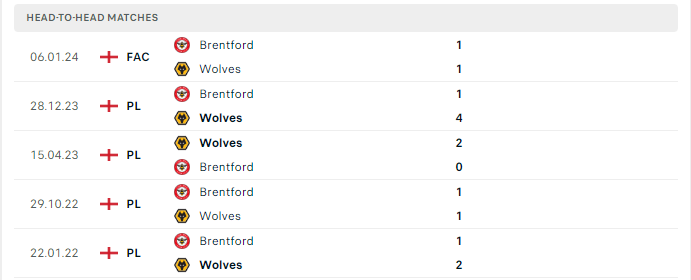 Lịch sử đối đầu Wolves vs Brentford 