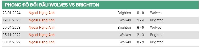 Thành tích đối đầu Wolves vs Brighton
