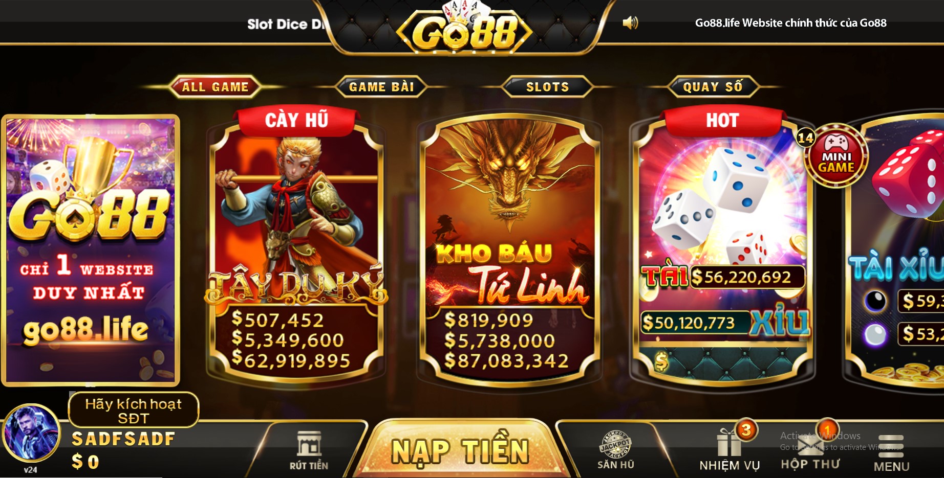 Giao diện game bài Go88