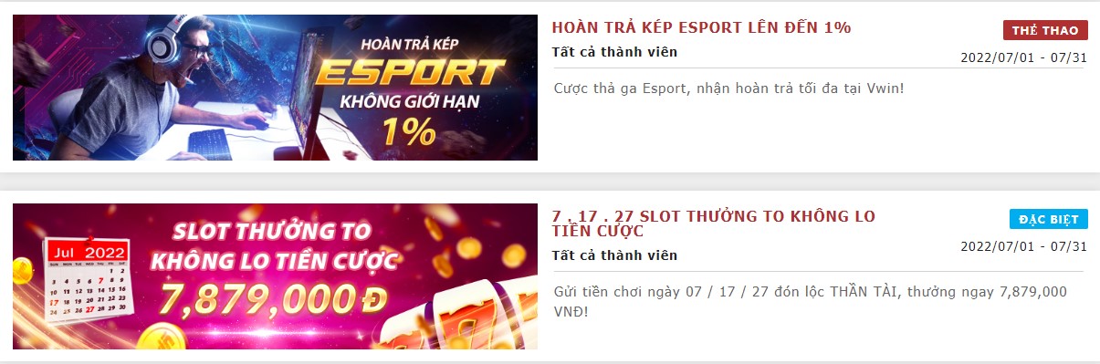 Khuyến mãi Slot Esports tại nhà cái Vwin