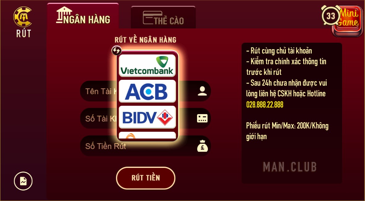 Nạp rút tiền tại Man Club