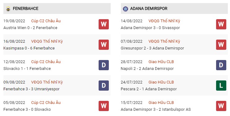 Lịch sử đối đầu Fenerbahce vs Adana Demirspor