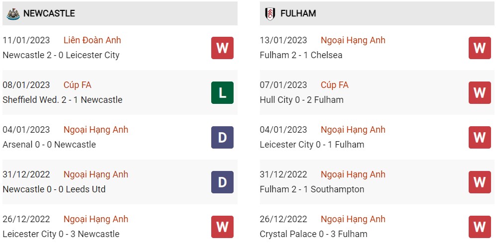 Phong độ hiện tại Newcastle vs Fulham 