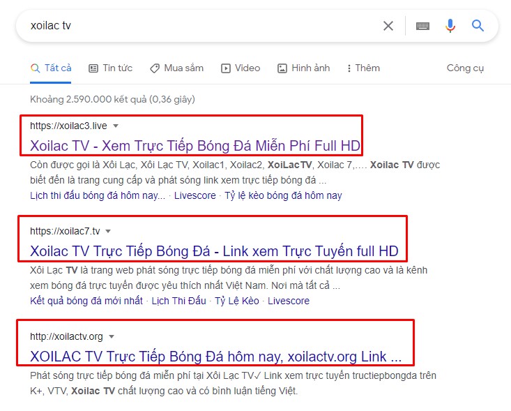 Xuất hiện nhiều tên miền xôi lạc TV trên Google