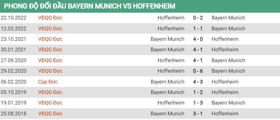 Lịch sử đối đầu Bayern vs Hoffenheim