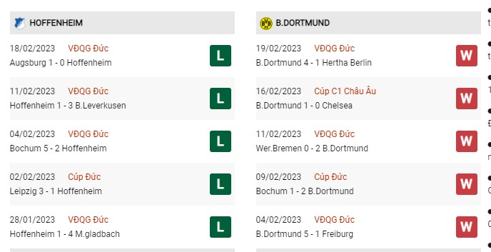 Phong độ gần đây Hoffenheim vs Dortmund