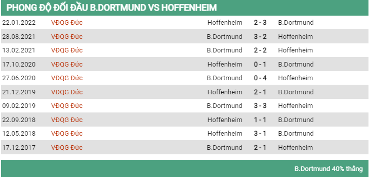Lịch sử đối đầu Dortmund vs Hoffenheim 